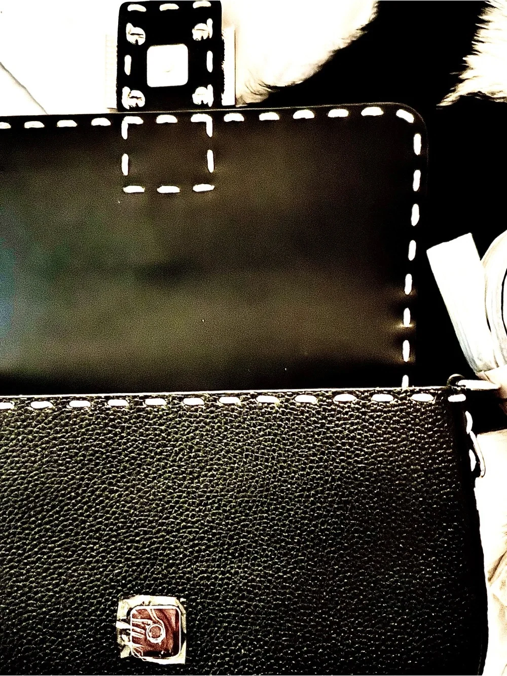 Tiffany & Fred Black Leather ,Shoulder Bag with Blue Logo Plaque